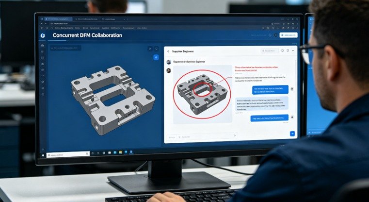A realistic screenshot of an online manufacturing platform interface, showing a 3D part model with a supplier engineer's red-circle annotation on a thin-wall feature, alongside a real-time chat window, labeled "Concurrent DFM Collaboration".