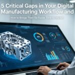 A hyper-realistic photo of an engineer in a smart factory control room, interacting with a large touchscreen displaying a 3D CAD model alongside a real-time dashboard with quoting, DFM, production tracking, and quality data, overlaid with the article title.
