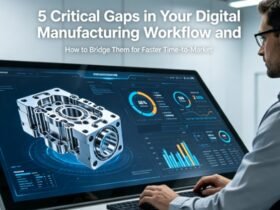 A hyper-realistic photo of an engineer in a smart factory control room, interacting with a large touchscreen displaying a 3D CAD model alongside a real-time dashboard with quoting, DFM, production tracking, and quality data, overlaid with the article title.