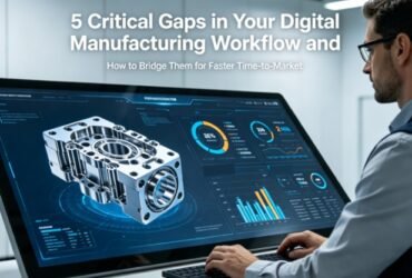 A hyper-realistic photo of an engineer in a smart factory control room, interacting with a large touchscreen displaying a 3D CAD model alongside a real-time dashboard with quoting, DFM, production tracking, and quality data, overlaid with the article title.