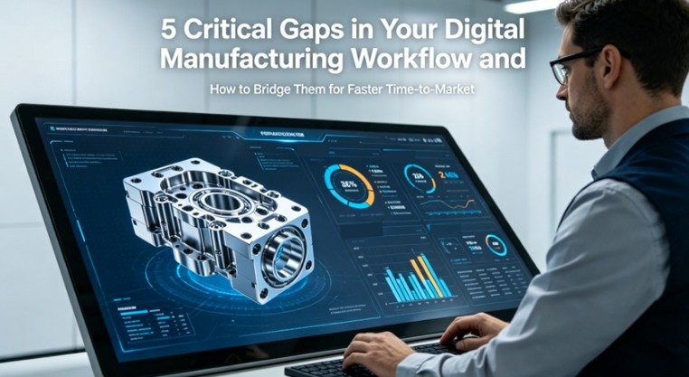 A hyper-realistic photo of an engineer in a smart factory control room, interacting with a large touchscreen displaying a 3D CAD model alongside a real-time dashboard with quoting, DFM, production tracking, and quality data, overlaid with the article title.